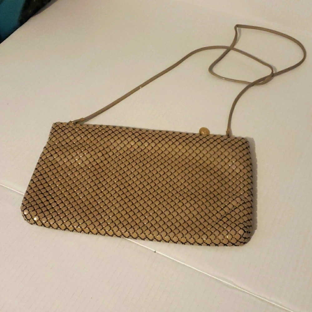 Whiting & Davis tan Metal Mesh Crossbody Clutch Purse